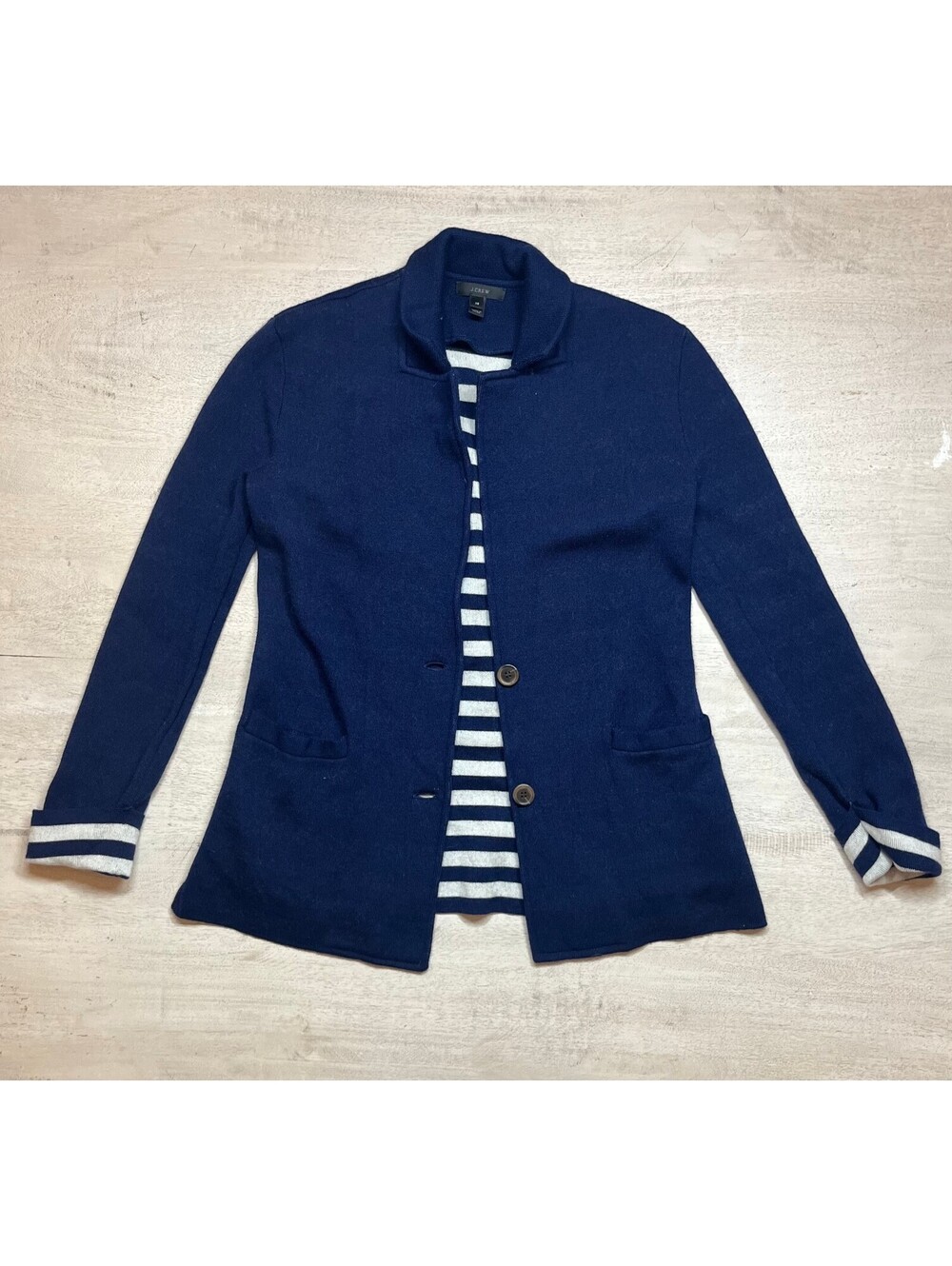 J.Crew Navy Wool Blazer with Striped Wool Trim - XS